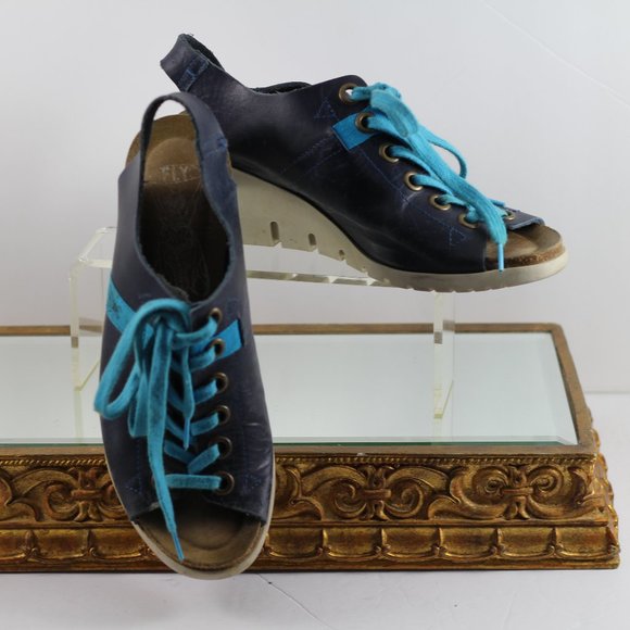 Vintage Fly Girl Blue Leather Peep Toe Wedges - Picture 10 of 15